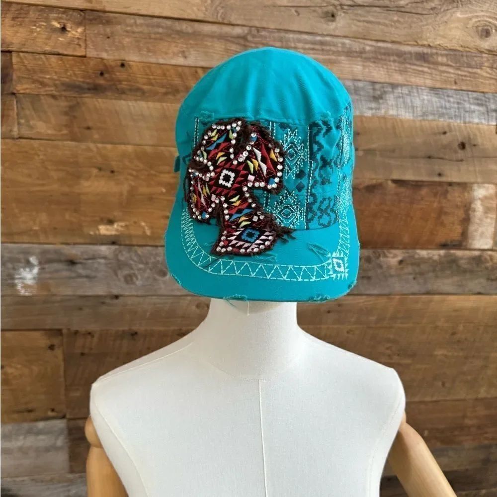 KBethos Women's teal Distressed southwest goth jewels hook & loop cross adj hat